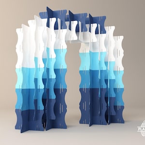 May include: A blue, white, and light blue cardboard room divider with a wavy design. The divider is made up of multiple panels that can be arranged in different configurations. The divider is a great way to create privacy or define a space in a room.
