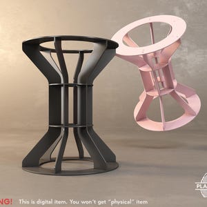 May include: Two modern, geometric stools. One is black, the other is pink. Each has a circular top and base, connected by vertical supports. The design is minimalist and contemporary. The image includes a warning about the digital nature of the item.