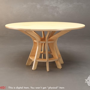 May include: A light-colored, round wooden table with a unique base design. The table has a circular top and a base constructed from curved and angled wooden supports. The text "WARNING! This is digital item. You won't get "physical" item" is visible.