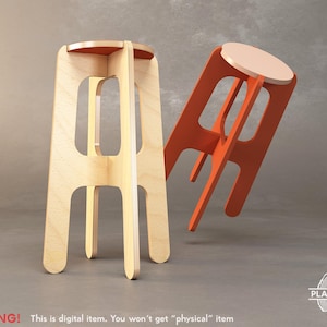 May include: Two wooden stools, one natural and one orange, with a minimalist design. The stools have a round seat and a four-legged base with cut-out details. The text "WARNING! This is digital item. You won't get "physical" item" is at the bottom.