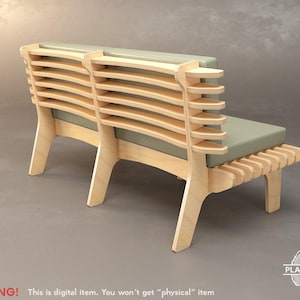 May include: A contemporary wooden bench with a pale green cushion. The bench has a slatted back and seat, with a natural wood finish. The design is minimalist. The text "WARNING! This is digital item. You won't get "physical" item" is visible.