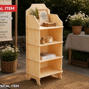 May include: A light-colored wooden four-tier shelving unit with a curved top back panel. The shelves hold a small potted plant, a framed sign reading PLANDICRAFT, a stack of folded fabric, a glass bottle, a candle, and two stacked books.
