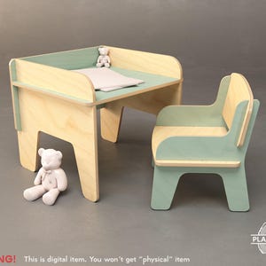 May include: A wooden children's desk and chair set with a light green and natural wood finish. A small teddy bear sits on the desk, and another sits on the floor. The text "WARNING! This is digital item. You won't get "physical" item" is at the bottom.