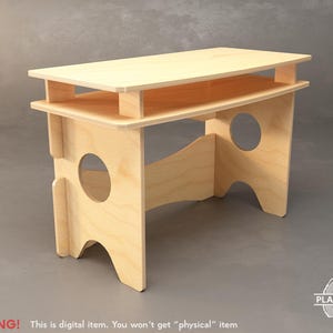 May include: A light-colored wooden desk with a two-tiered design. The desk features a rectangular top and a lower shelf, connected by vertical supports with circular cutouts. The desk is approximately 30 inches long. The text "WARNING! This is digital item. You won't get "physical" item" is at the bottom.
