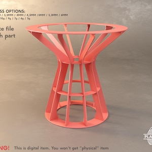 May include: A coral-colored, digitally rendered table with a unique, open design. The table features a circular top supported by angled legs and horizontal shelves. Text on the image indicates thickness options in millimeters and gauge measurements. The text also warns that this is a digital item.