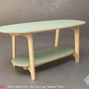 Puede incluir: Una mesa de centro ovalada verde claro con un estante inferior. La mesa tiene un marco y patas de madera clara. El texto "WARNING! This is digital item. You won't get "physical" item" está en la parte inferior.