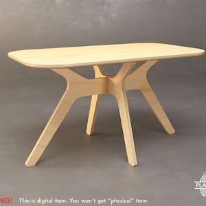 May include: A light-coloured wooden table with a rectangular top and a unique base design. The table's legs are angled and connected to the tabletop with a curved support. The text "WARNING! This is digital item. You won't get "physical" item" is at the bottom.