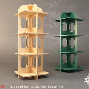 Könnte beinhalten: Zwei turmförmige Holzregale, eines aus Naturholz und eines in Grün, jeweils mit drei Regalböden und ovalen Aussparungen. Die Regale haben ein einzigartiges architektonisches Design. Der Text "WARNING! This is digital item. You won't get "physical" item" steht unten.