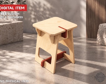 May include: A light-colored wooden stool featuring a square top and angled legs with dark red accent pieces connecting the structure. The text DIGITAL ITEM, FREE CUSTOM SIZE & THICKNESS, NO PHYSICAL ITEM, and PLANDICRAFT are visible.
