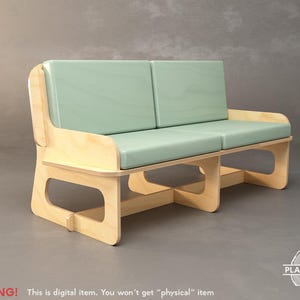 Könnte beinhalten: Eine hellbraune Holzbank für zwei Personen mit hellgrüner Sitzfläche und Rückenlehne. Die Bank hat ein modernes Design mit rechteckiger Sitzfläche und Rückenlehne. Das Gestell ist aus hellem Holz gefertigt. Der Text "WARNING! This is digital item. You won't get "physical" item" ist sichtbar.