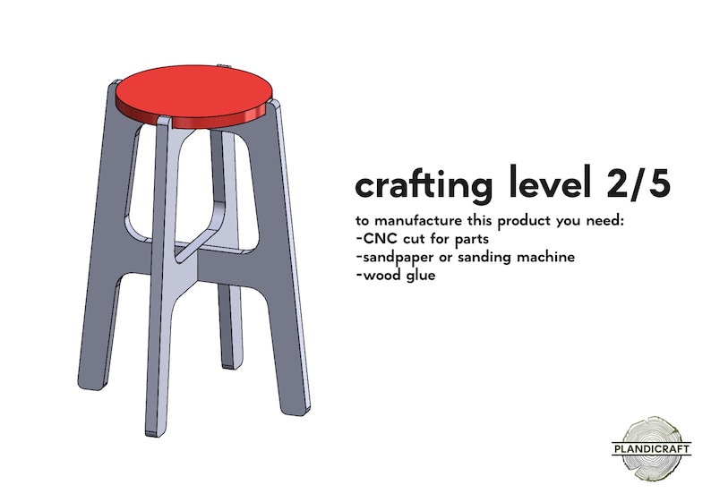 May include: A simple, grey wooden stool with a red seat. The stool is labelled "crafting level 2/5" and lists the materials needed to make it: CNC cut for parts, sandpaper or sanding machine, and wood glue.