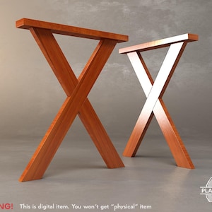Puede incluir: Dos patas de mesa de madera con un diseño en forma de X. Las patas son de color marrón rojizo cálido y tienen una parte superior rectangular. Las patas están en ángulo y parecen ser de madera maciza. Incluye el texto "WARNING! This is digital item. You won't get "physical" item."