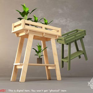 Puede incluir: Dos jardineras de madera, una natural y otra verde, cada una con una jardinera rectangular. El soporte natural tiene un estante inferior y contiene una planta en maceta. El soporte verde está inclinado. El texto "WARNING! This is digital item. You won't get "physical" item."