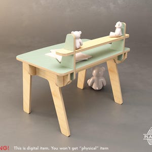 May include: A wooden children's table with a light green top and natural wood legs. The table has a built-in shelf and is decorated with small teddy bear figurines. The text "WARNING! This is digital item. You won't get "physical" item" is visible.