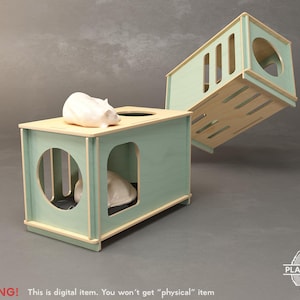 May include: Two wooden pet houses, one upright and one tilted, with a light green exterior and natural wood trim. Each house has a circular opening and a white ceramic animal figurine. The text "WARNING! This is digital item. You won't get "physical" item" is at the bottom.