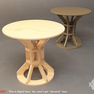 May include: Two wooden side tables with round tops and unique, open-frame bases. One table is natural wood, the other is a light brown color. The tables are approximately 24 inches in height and 20 inches in diameter. The image includes the text "WARNING! This is digital item. You won't get "physical" item."