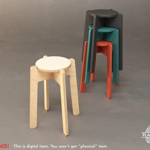 May include: A wooden stool with a round, off-white seat and four angled legs stands alone. Behind it, three colorful stools are stacked: black, teal, and orange. The image includes the text "WARNING! This is digital item. You won't get "physical" item."