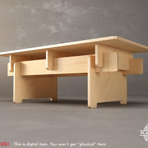 Peut inclure: Une table basse en bois clair avec un plateau rectangulaire et une base géométrique unique. La table est en bois clair et présente un design moderne et minimaliste. Le texte "WARNING! This is digital item. You won't get "physical" item" est en bas.