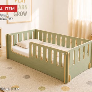 May include: A sage green wooden toddler bed frame with vertical slats and a low-profile design. The bed features a white mattress and a single beige pillow. Text on the image reads DIGITAL ITEM, FREE CUSTOM SIZE & THICKNESS, and NO PHYSICAL ITEM.