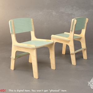 May include: Two chairs constructed from light-coloured plywood with pale mint green panels on the backrests and seats. The chairs feature a simple frame design with four legs and a horizontal support bar. Text reads: WARNING! This is digital item.