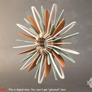 May include: A digitally rendered, abstract wooden sculpture with a radial design. The sculpture features alternating segments of white, light green, and brown, creating a layered, three-dimensional effect. The text "WARNING! This is digital item. You won't get "physical" item" is visible.