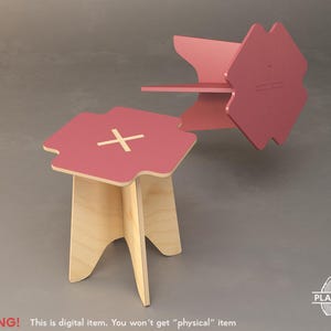 May include: Two wooden stools with a unique design. The tops are a muted red with a white cross, and the legs are natural wood. One stool is upright, and the other is tilted. The text "WARNING! This is digital item. You won't get "physical" item" is at the bottom.