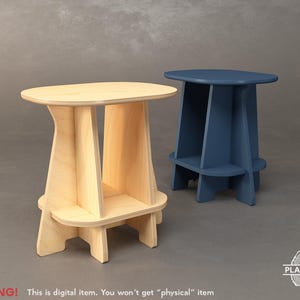 May include: Two wooden side tables. One is natural wood, the other is painted navy blue. Each table has a unique design with a rounded top and a geometric base. The tables are displayed against a neutral gray background. The text "WARNING! This is digital item. You won't get "physical" item" is visible.