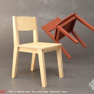 May include: Two wooden chairs, one upright and natural-toned, the other upside down and painted a reddish-brown. The upright chair has a backrest with a curved top. The image includes the text "WARNING! This is digital item. You won't get "physical" item."