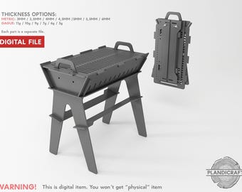 May include: A gray, laser-cut barbecue grill design, with a matching folded version. The grill has a rectangular cooking surface with handles and angled legs. Text on the image includes "DIGITAL FILE" and thickness options in millimeters and gauge.