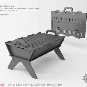 May include: A grey, foldable barbecue grill with a handle and a hinged lid. The grill is made of laser-cut material and has a slotted cooking surface. The image includes text indicating thickness options in millimetres and gauge measurements. The text states this is a digital item.