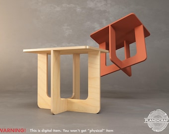 Op de afbeelding: Twee moderne houten bijzettafels. Eén is van natuurlijk hout, de andere is oranje. Beide hebben een vierkant blad en een uniek pootontwerp. De tekst onderaan luidt: "WARNING! This is digital item. You won't get "physical" item."