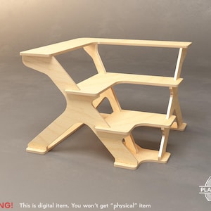 May include: A light-colored wooden standing desk with three tiers and an X-shaped base. The desk has a modern design with clean lines and is made of light-colored wood. The image includes the text "WARNING! This is digital item. You won't get "physical" item."