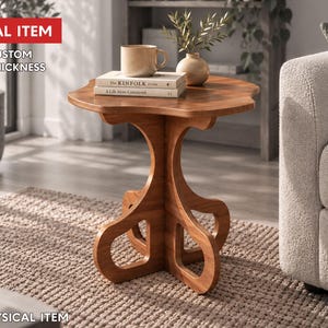 Puede incluir: Una mesa auxiliar de madera con una superficie lisa y redondeada y una base con cuatro patas curvas recortadas. La mesa es de color marrón claro con vetas de madera visibles. El texto en la imagen dice: DIGITAL ITEM, FREE CUSTOM SIZE & THICKNESS, NO PHYSICAL ITEM.