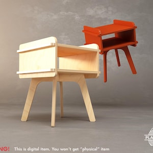 May include: Two modern side tables. One is natural wood, the other is bright orange. Both have a rectangular top with a shelf and angled legs. The tables are displayed against a gray background. The text in the image says "WARNING! This is digital item. You won't get "physical" item."