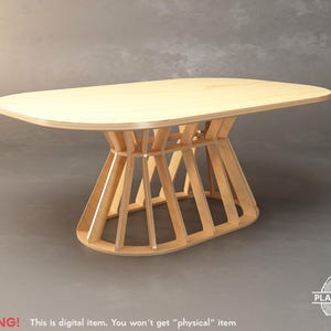 Op de afbeelding: Een lichtgekleurde houten tafel met een ovale bovenkant en een unieke, open basis. De basis is opgebouwd uit verticale houten latten die naar binnen buigen. De tafel is een digitaal item. De tekst "WARNING! This is digital item. You won't get "physical" item" is zichtbaar.