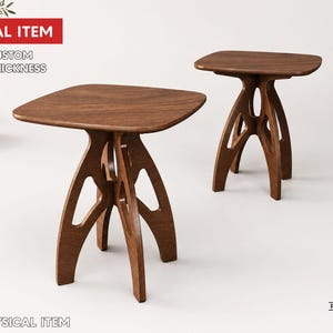 May include: Two brown wooden side tables with square tops and curved, cutout legs. The image includes text stating DIGITAL ITEM, FREE CUSTOM SIZE & THICKNESS, and NO PHYSICAL ITEM. A small logo with the text PLANDICRAFT is in the bottom corner.