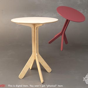 May include: Two modern side tables. One table has a light wood finish with a round top and three-legged base. The other table is a deep red color with a similar design. The image includes the text "WARNING! This is digital item. You won't get "physical" item."