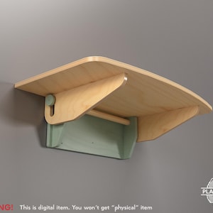 Puede incluir: Estante de pared de madera con una parte superior curvada y una sección inferior verde claro. El estante tiene un acabado de madera natural e incluye una barra. El texto "WARNING! This is digital item. You won't get "physical" item" es visible.