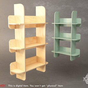 May include: Two wooden shelves, one natural and one mint green, are shown against a grey background. The shelves have a unique, open design with multiple levels for storage. The text "WARNING! This is digital item. You won't get "physical" item" is visible.