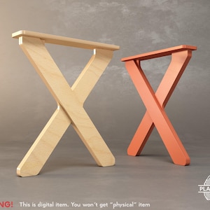Puede incluir: Dos juegos de patas de mesa de madera en forma de X. Un juego es de madera natural y el otro está pintado de naranja.
