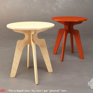 Puede incluir: Dos pequeñas mesas auxiliares modernas de madera. Una es de madera natural, la otra está pintada de naranja. Cada mesa tiene una tapa redonda y tres patas anguladas. El texto de la imagen dice: "WARNING! This is digital item. You won't get "physical" item."