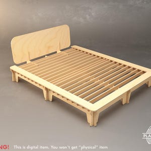 May include: A light-coloured wooden bed frame with a headboard. The bed frame has a slatted design and is supported by sturdy legs. The headboard is rectangular with rounded corners. The image includes the text "WARNING! This is digital item. You won't get "physical" item."