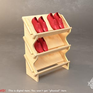 May include: A three-tiered wooden shoe rack with a light finish, holding pairs of red shoes. The rack has a curved design and is made of light-colored wood. The text "WARNING! This is digital item. You won't get "physical" item" is at the bottom.