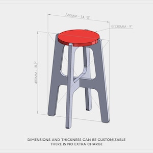 May include: A grey wooden stool with a red circular seat. The stool is 480mm tall, 360mm wide, and 230mm in diameter. The dimensions and thickness can be customised with no extra charge.