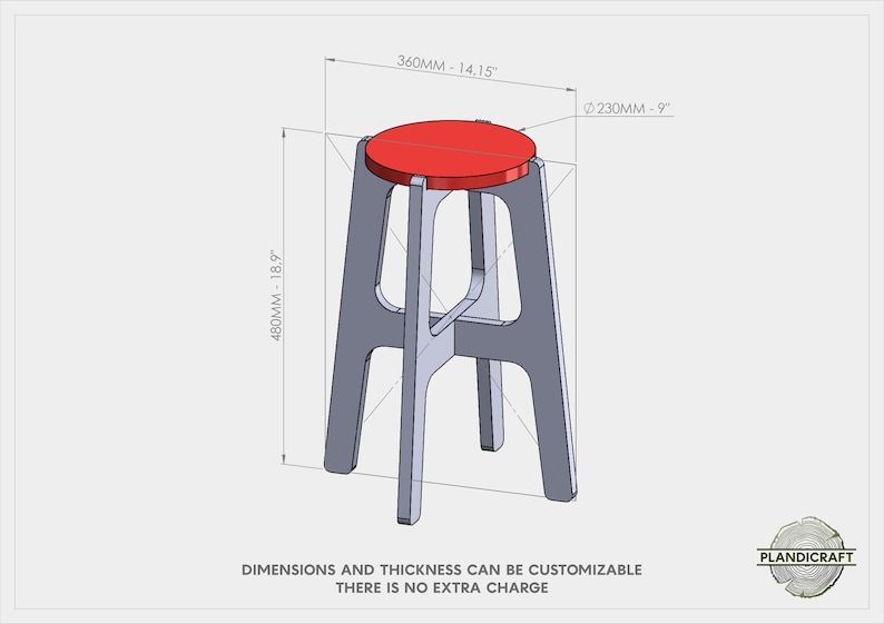 May include: A grey wooden stool with a red circular seat. The stool is 480mm tall, 360mm wide, and 230mm in diameter. The dimensions and thickness can be customised with no extra charge.