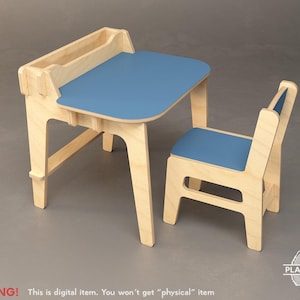 May include: A wooden children's desk and chair set. The desk has a blue tabletop and a built-in storage area. The chair also has a blue seat. The set is made of light-colored wood and has a modern design. The text in the image says "WARNING! This is digital item. You won't get "physical" item."