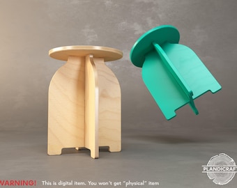 May include: A digital download of a woodworking plan for a small, wooden stool. The stool is made of plywood and has a simple, modern design. The stool is shown in two different colors: natural wood and teal.