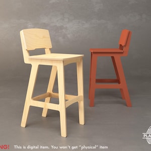 May include: Two wooden bar stools. One is natural wood, the other is painted orange. Both have a simple, modern design with a backrest and footrest. The stools are on a gray background. The text "WARNING! This is digital item. You won't get "physical" item" is at the bottom.
