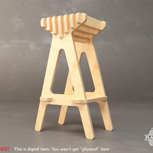 Puede incluir: Un taburete de madera clara con un diseño único. El taburete presenta una base en forma de A y un asiento de listones. El texto "WARNING! This is digital item. You won't get "physical" item" está en la parte inferior.