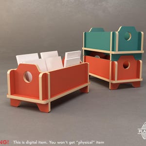 Könnte beinhalten: Zwei Holz-Aufbewahrungsboxen, eine orange und eine türkis, mit Naturholzverkleidung. Die Boxen haben einen abgerundeten Ausschnitt auf der Vorderseite und sind gestapelt. Die orangefarbene Box enthält weiße Karten. Der Text "WARNING! This is digital item. You won't get "physical" item" steht unten.